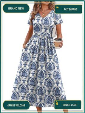 Women's Flowy A-Line Midi Sundress V-Neck Short Sleeve Casual Beach Dress